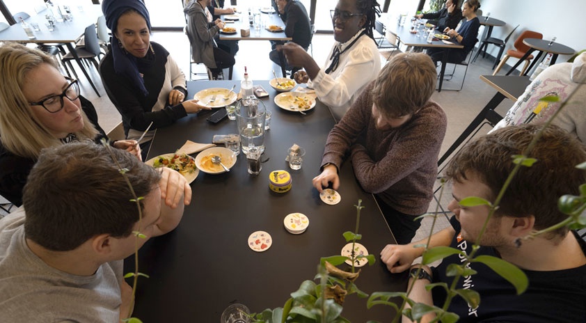 Playing board games and enjoying lunch