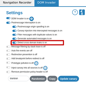 Screen shot showing how to enable cross-domain data checks in DOM Invader