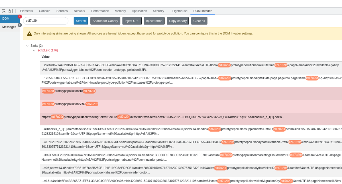 A screenshot showing DOM Invader's augmented DOM view with the script.src sink