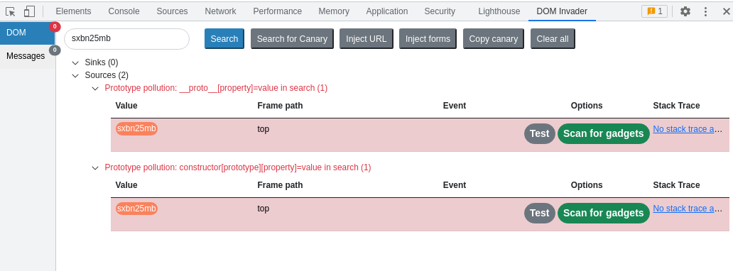 Screen shot showing prototype pollution sources