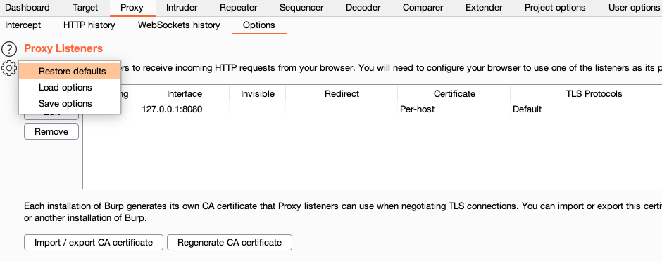 Proxy listener restore defaults