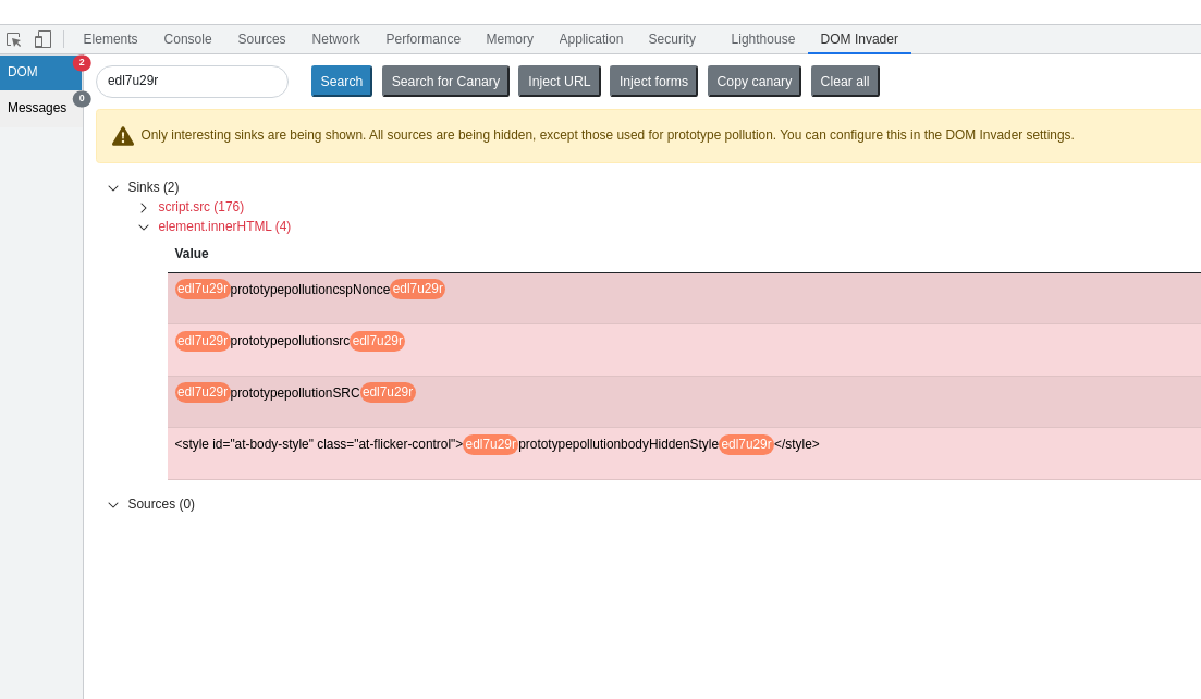 A screenshot showing DOM Invader's augmented DOM view with the innerHTML sink being displayed