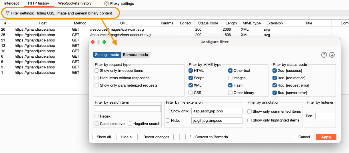 HTTP history filters