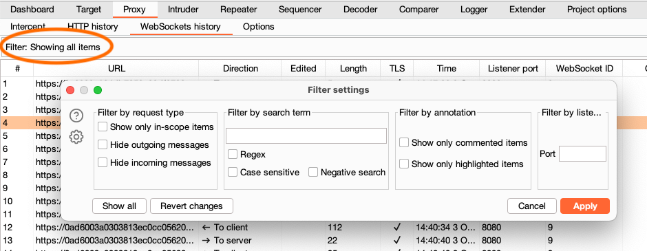 WebSocket history filters