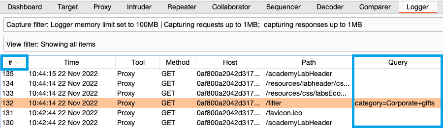 Selecting a category on the shopping site results in a request with a query parameter