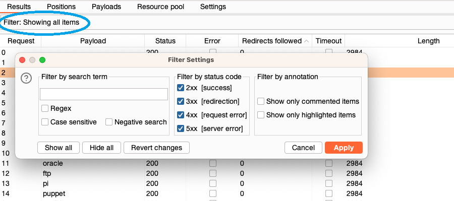 Intruder filter settings