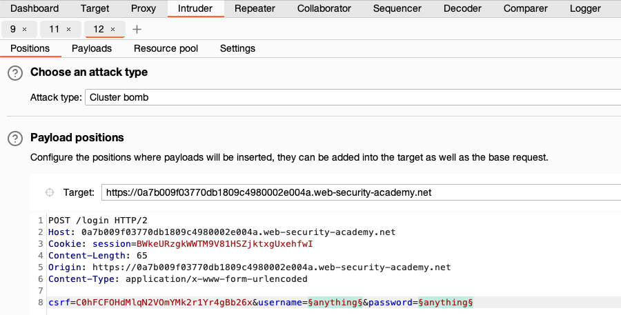 Setting the payload positions for brute-forcing a login