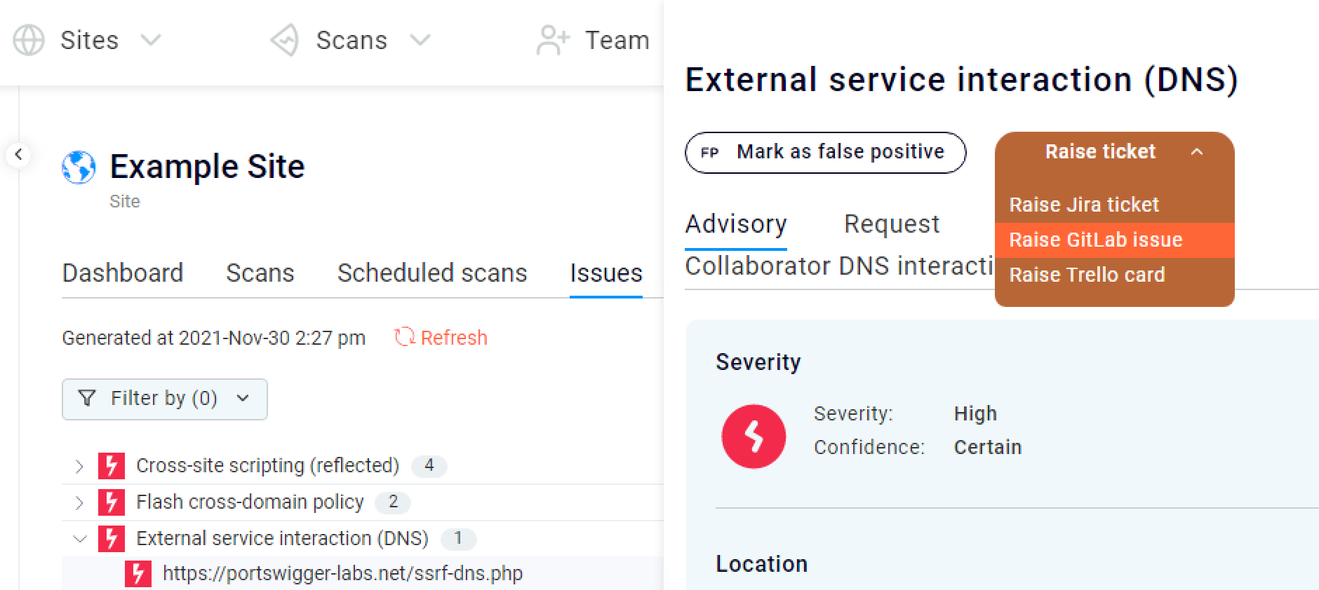 Raising a GitLab issue from within Burp Suite Enterprise Edition